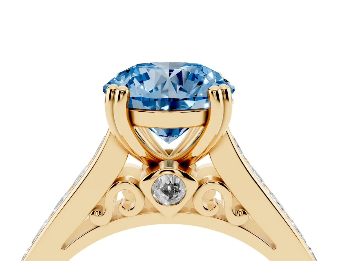 Fancy Blue Round Cut Cut Channel Set Solitaire Engagement Ring with Prong Setting Yellow gold