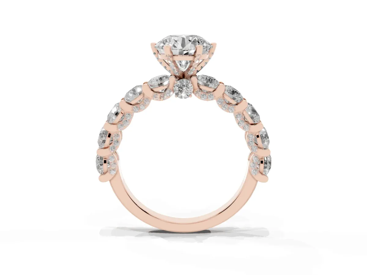 Round Cut Diamond Side Stone Engagement Ring with Four-Prong Setting Rose gold