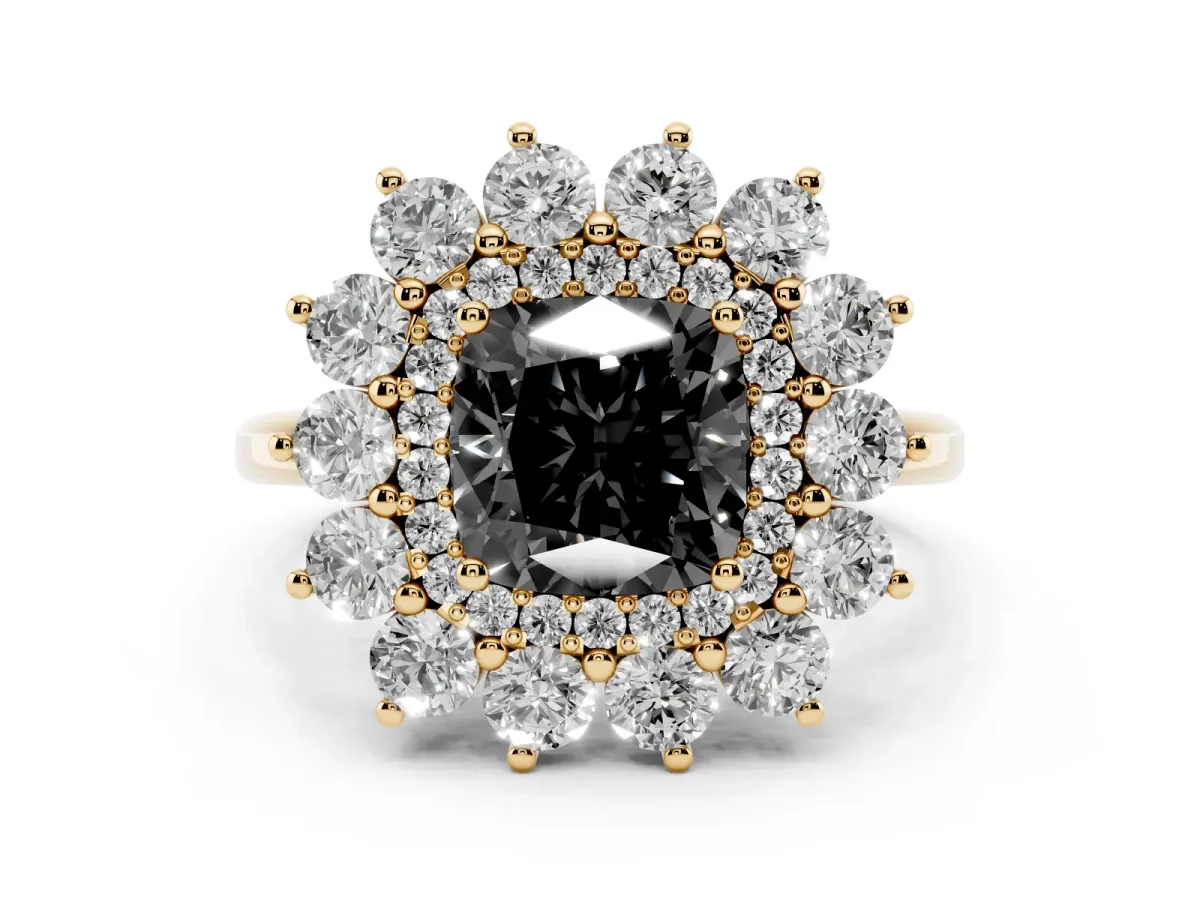 Fancy Black Cushion Cut Diamond Floral Double Halo Engagement Ring with Prong Setting Yellow gold