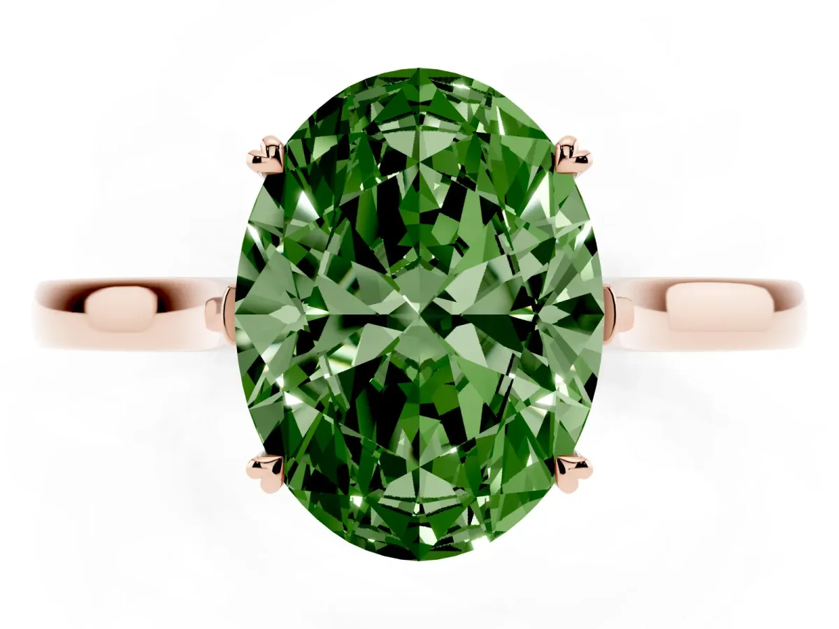 Fancy Green Oval Cut Solitaire Heart Prong Engagement Ring with Tapered Band Rose gold