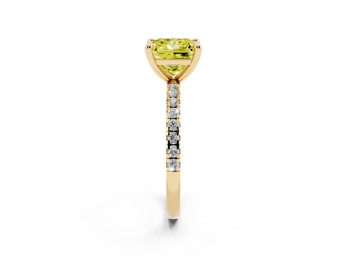 Fancy Yellow Princess Cut Diamond Brilliant Solitaire Ring with Pavé Band and Four-Prong Setting Yellow gold