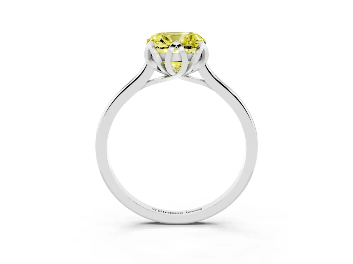 Fancy Yellow Cushion Cut Diamond Solitaire Ring with Flower Prong Setting and Classic Band Silver