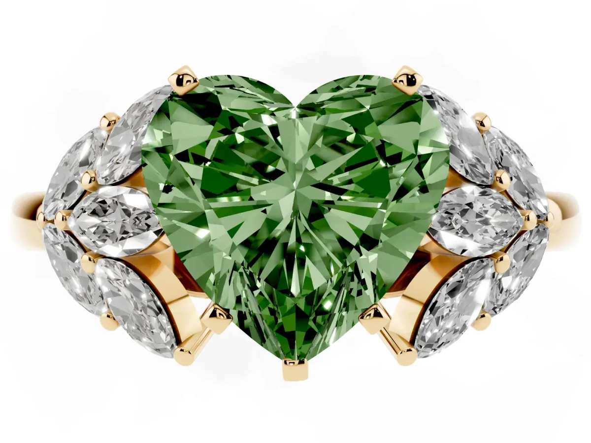 Fancy Green Heart Cut Diamond Cluster Leaf Design Ring with Prong Setting Yellow gold