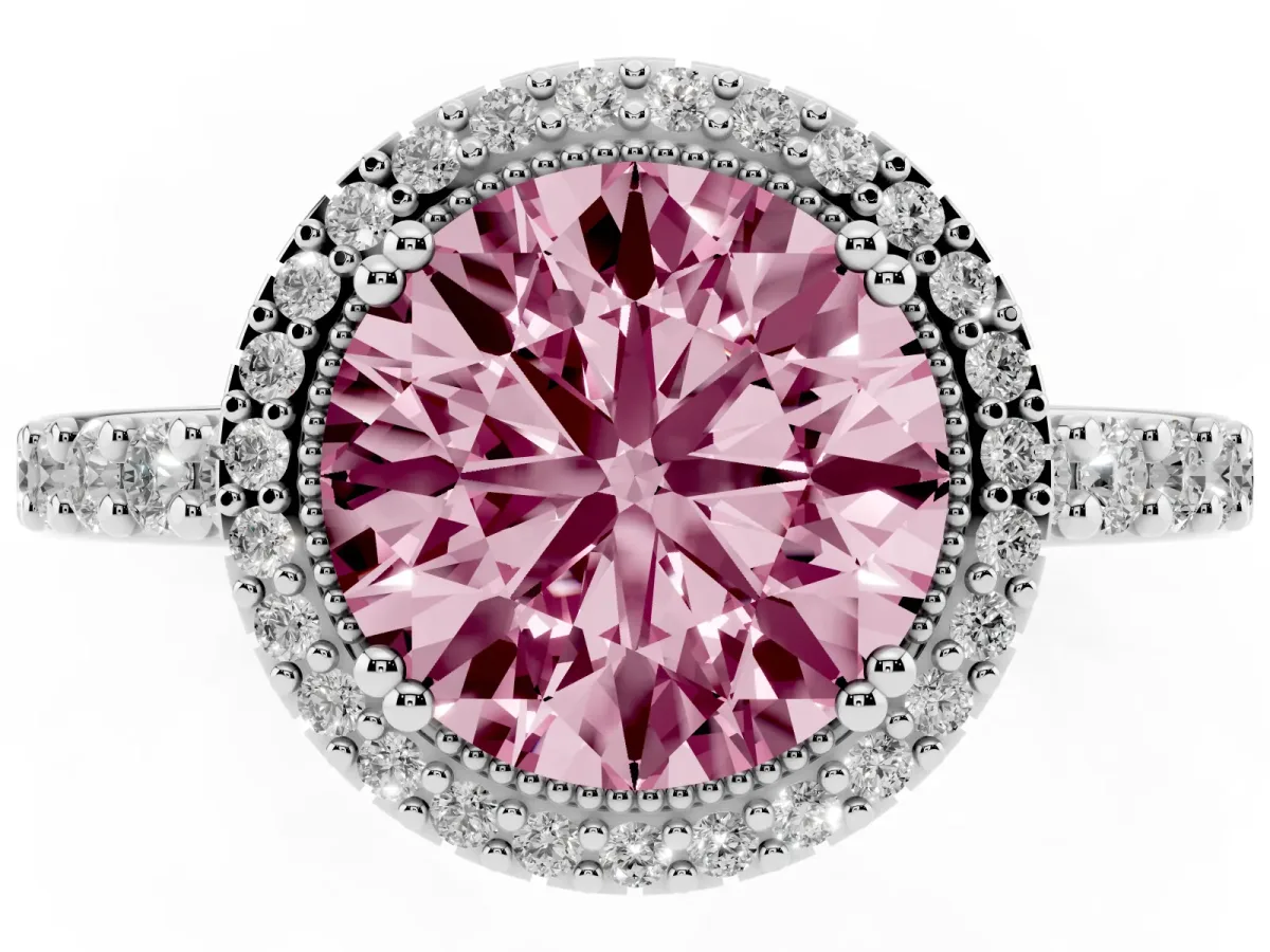 Fancy Pink Round Cut Cut Diamond Halo Engagement Ring with Milgrain Detail and Pavé Band Silver