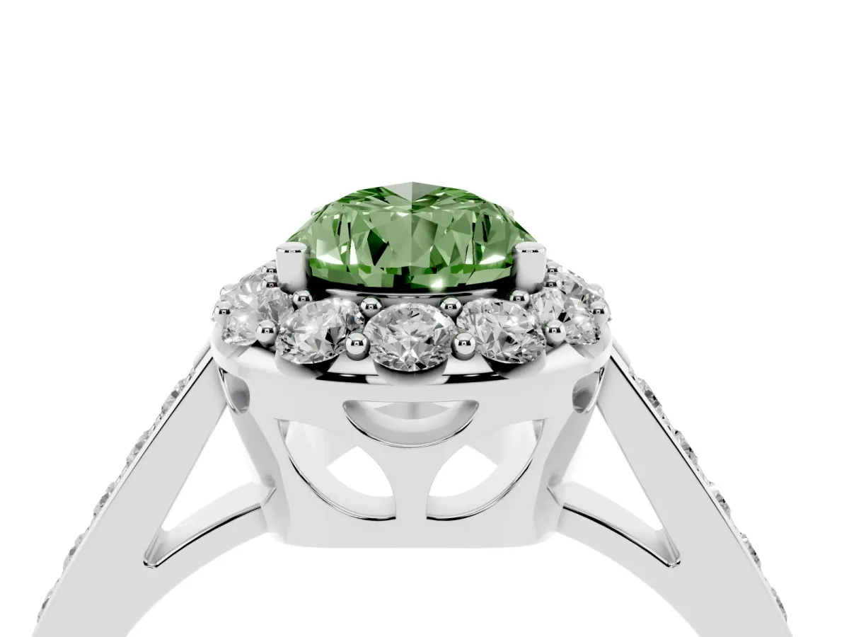 Fancy Green Pear Cut Diamond Floral Halo Ring with Pavé Band and Prong Setting White gold