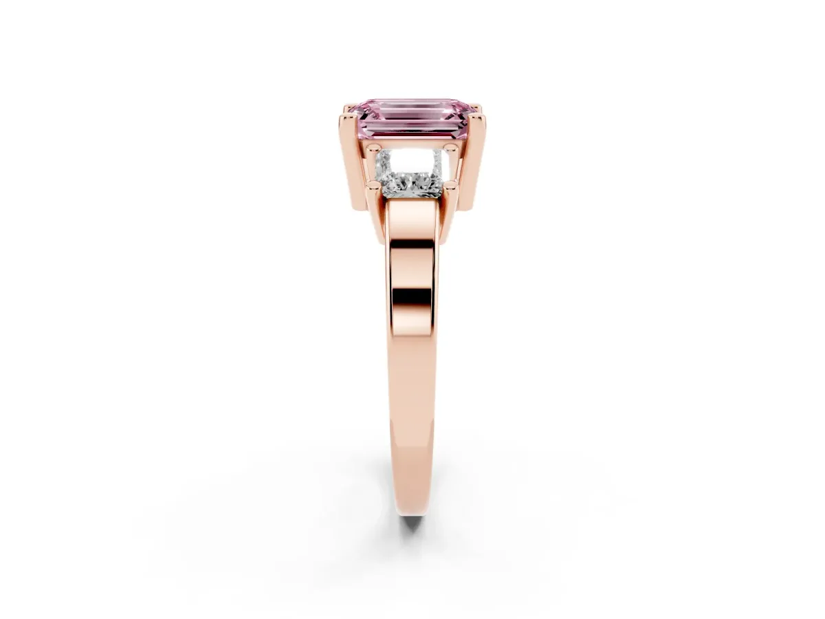 Fancy Pink Three-Stone Emerald Cut Cut Solitaire Ring with Prong Setting Rose gold