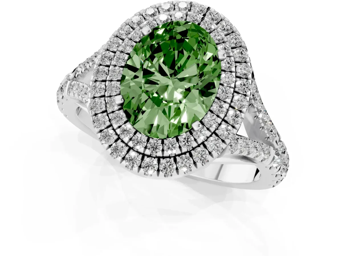 Fancy Green Double Halo Oval Cut Diamond Split Shank Engagement Ring with Four-Prong Setting Platinum