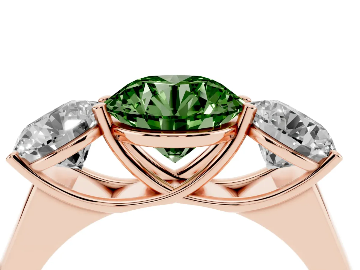 Fancy Green Round Cut Three-Stone Diamond Ring with Prong Setting on a Classic Band Rose gold