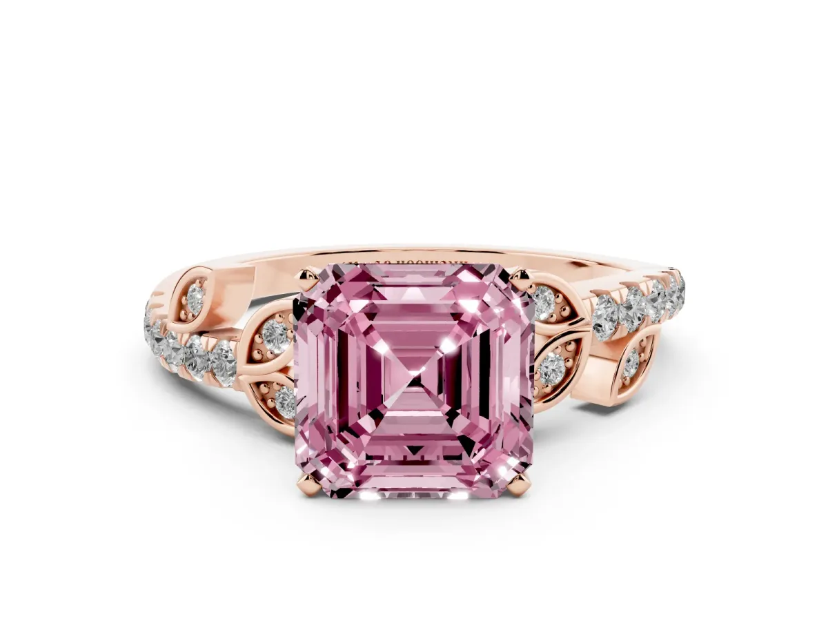 Fancy Pink Asscher Cut Solitaire Leaf-Inspired Diamond Ring with Pavé Band and Four-Prong Setting Rose gold
