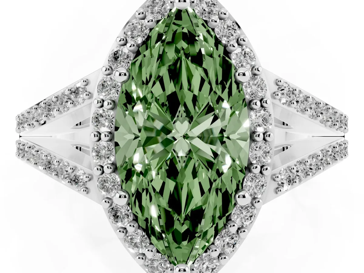 Fancy Green Marquise Cut Halo Split Shank Pave Diamond Ring with Four-Prong Setting Platinum