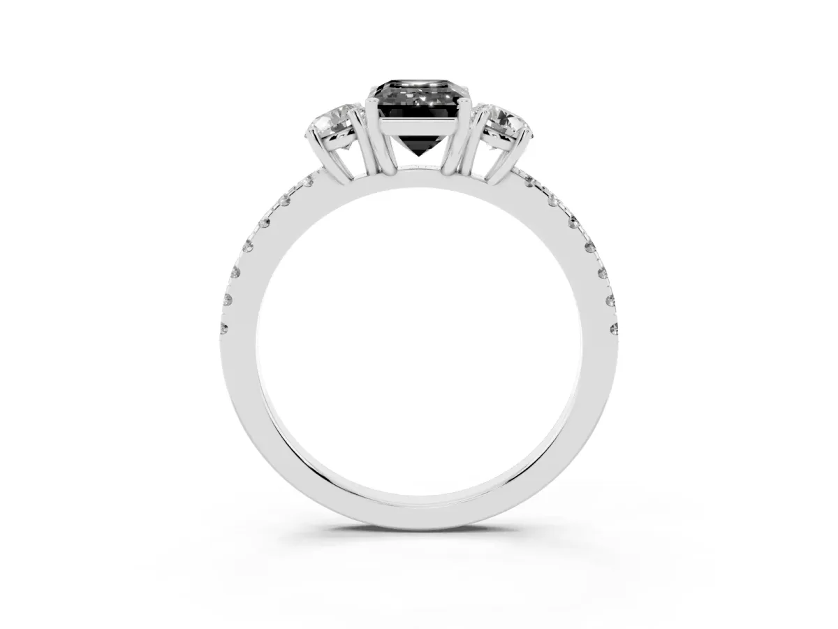 Fancy Black Three-Stone Emerald Cut Cut Diamond Pavé Band with Prong Setting Silver