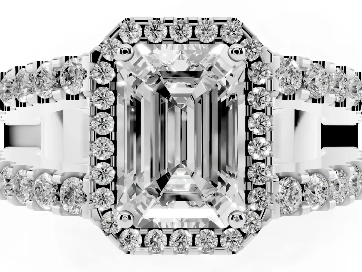 Emerald Cut Cut Halo Split Shank Diamond Ring with Four-Prong Setting Platinum