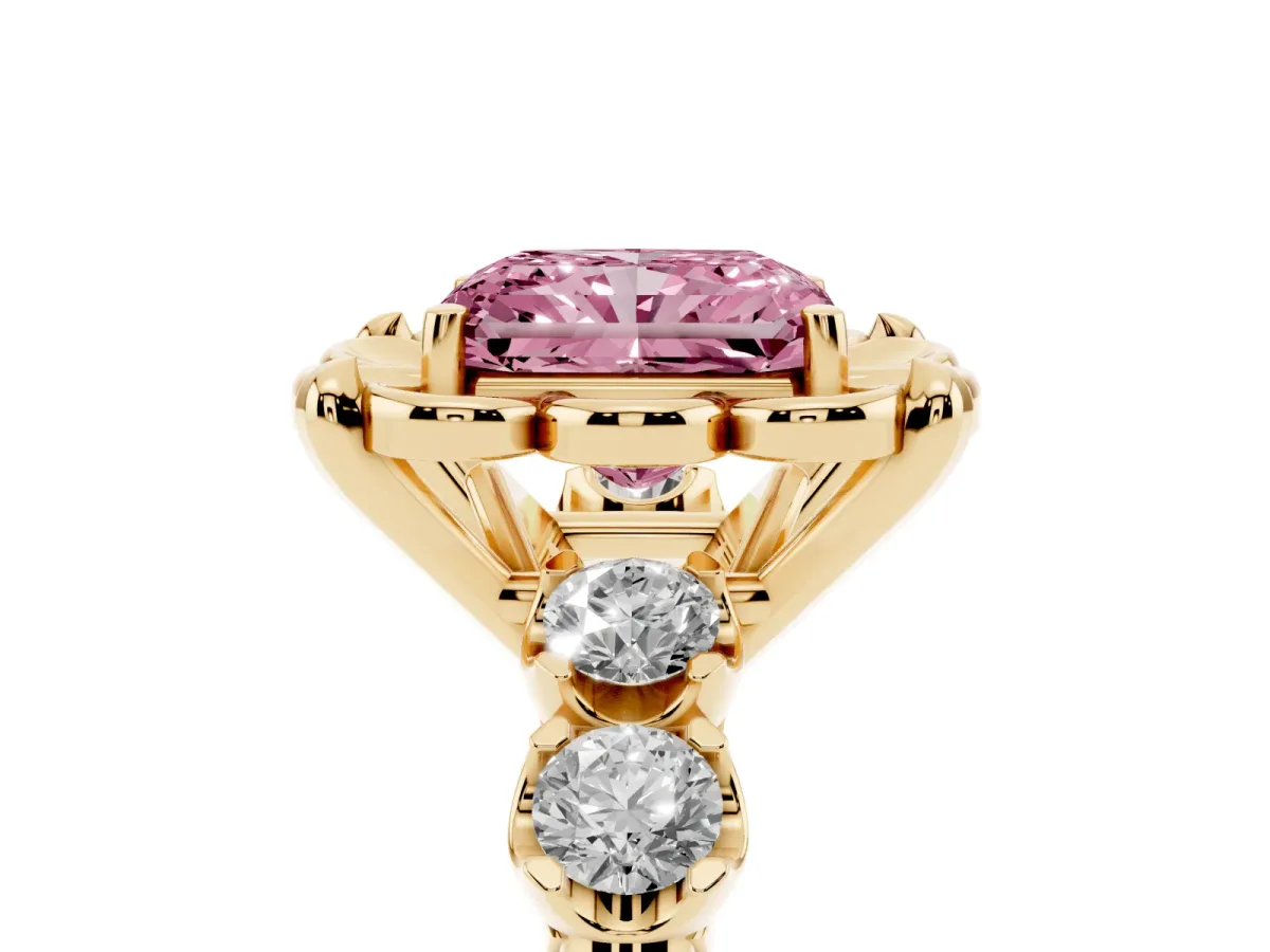 Fancy Pink Radiant Cut Cut Diamond Floral Halo Engagement Ring with Shared Prong Setting Yellow gold