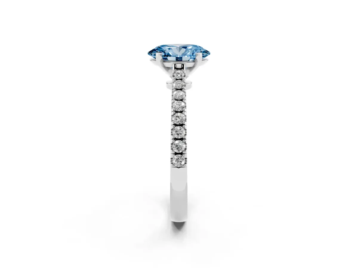 Fancy Blue Oval Cut Cut Solitaire Diamond Engagement Ring with Pave Band and Four-Prong Setting Platinum