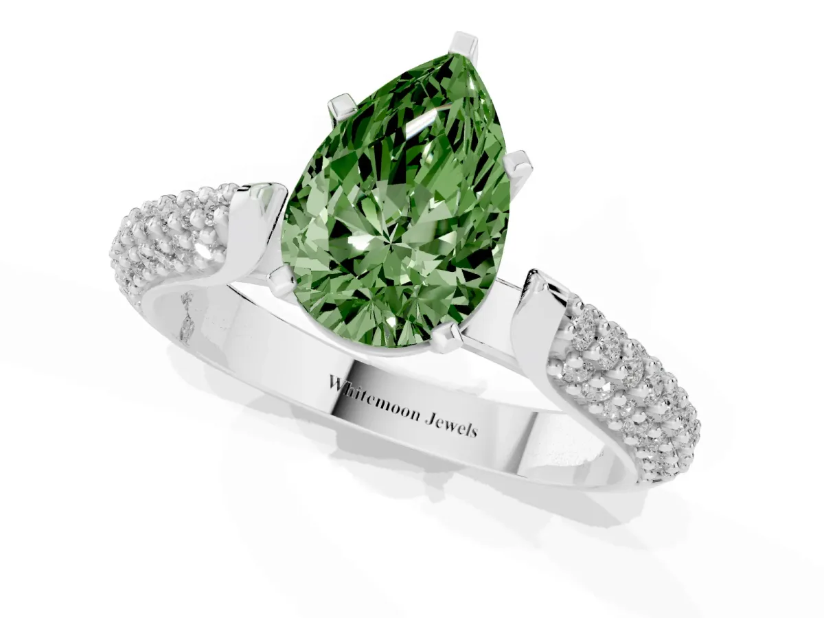 Fancy Green Pear Cut Diamond Solitaire Engagement Ring with Multi-Row Round Pavé Band and Prong Setting Silver