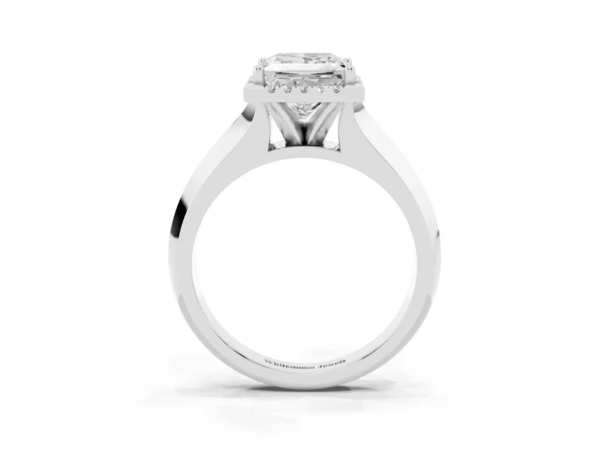 Princess Cut Halo Diamond Ring with Cathedral Band and Four-Prong Setting Silver