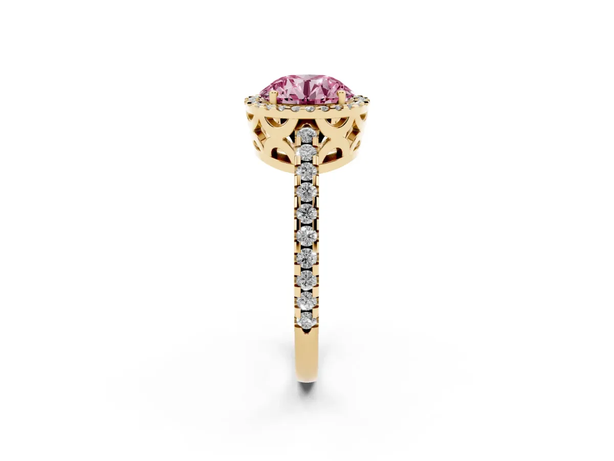 Fancy Pink Round Cut Diamond Halo Engagement Ring with Pavé Band and Prong Setting Yellow gold