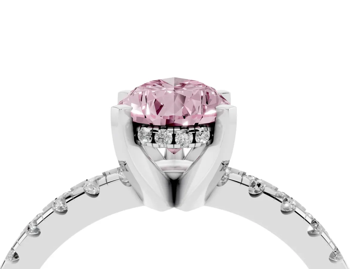 Fancy Pink Pear Cut Diamond Solitaire Ring with Round Pavé Band and Four-Prong Setting Silver