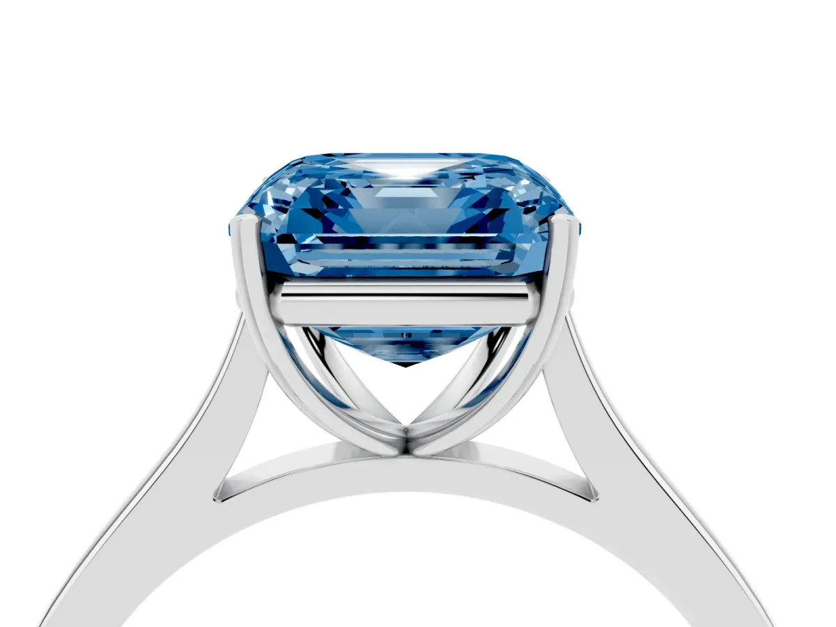 Fancy Blue Asscher Cut Solitaire Heart Prong Engagement Ring with Tapered Band Platinum