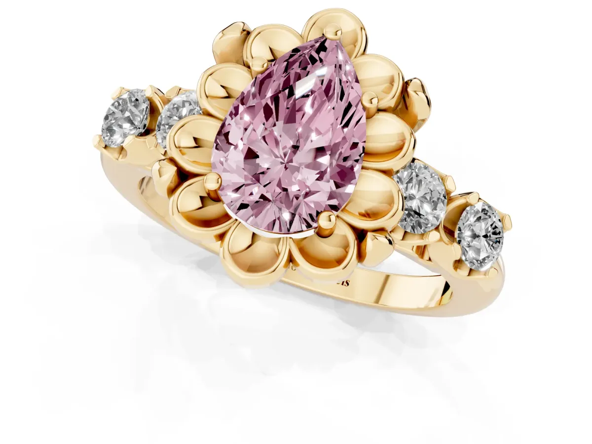 Fancy Pink Pear Cut Cut Diamond Floral Halo Engagement Ring with Shared Prong Setting Yellow gold