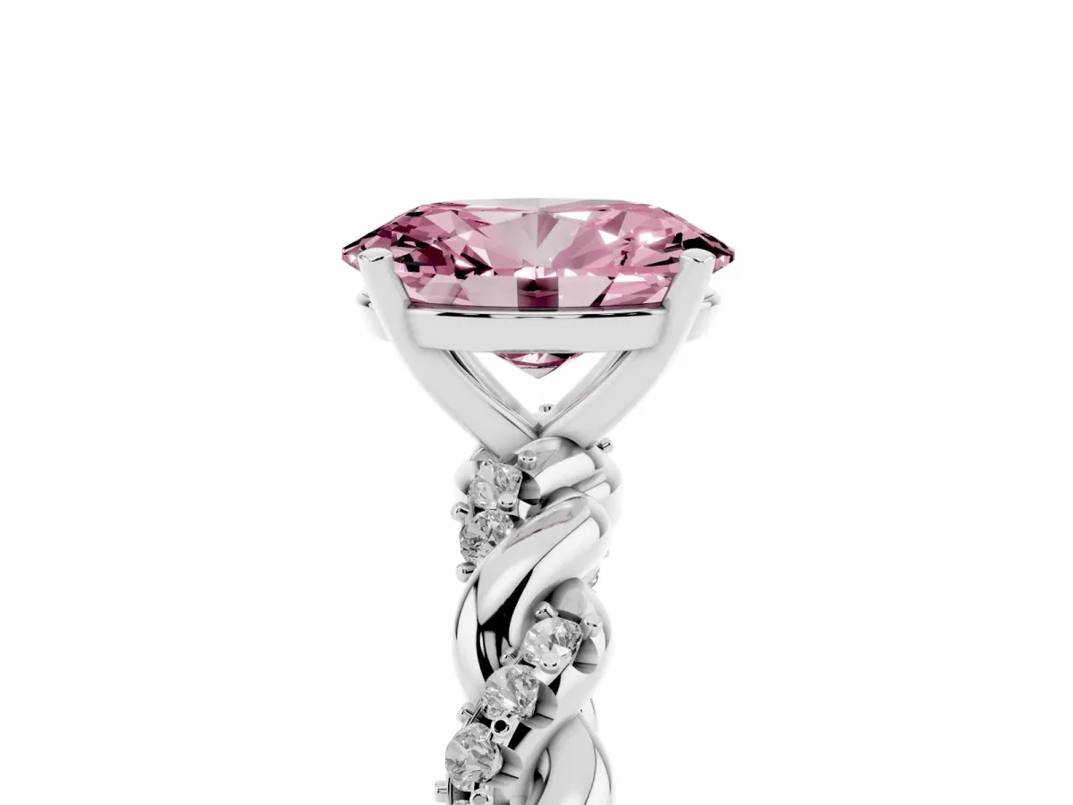 Fancy Pink Oval Cut Diamond Solitaire Ring with Twisted Band and Pavé Accents Silver