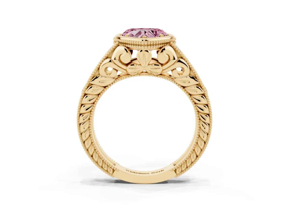 Fancy Pink Bezel Set Heart Cut Diamond Milgrain Pave Engagement Ring Yellow gold