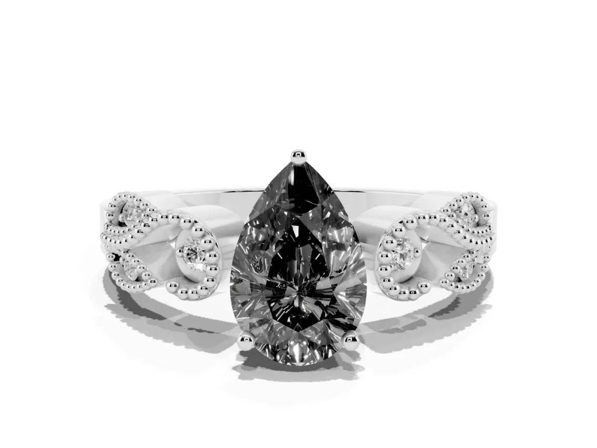 Fancy Black Pear Cut Solitaire Milgrain Leaf Band with Prong Setting Silver