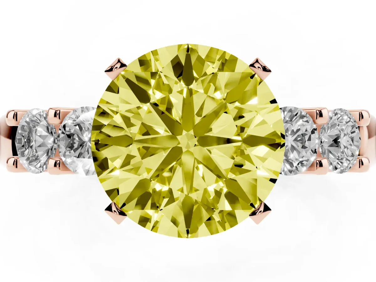 Fancy Yellow Round Cut Brilliant Cut Diamond Five-Stone Prong Set Engagement Ring with Channel Band Rose gold