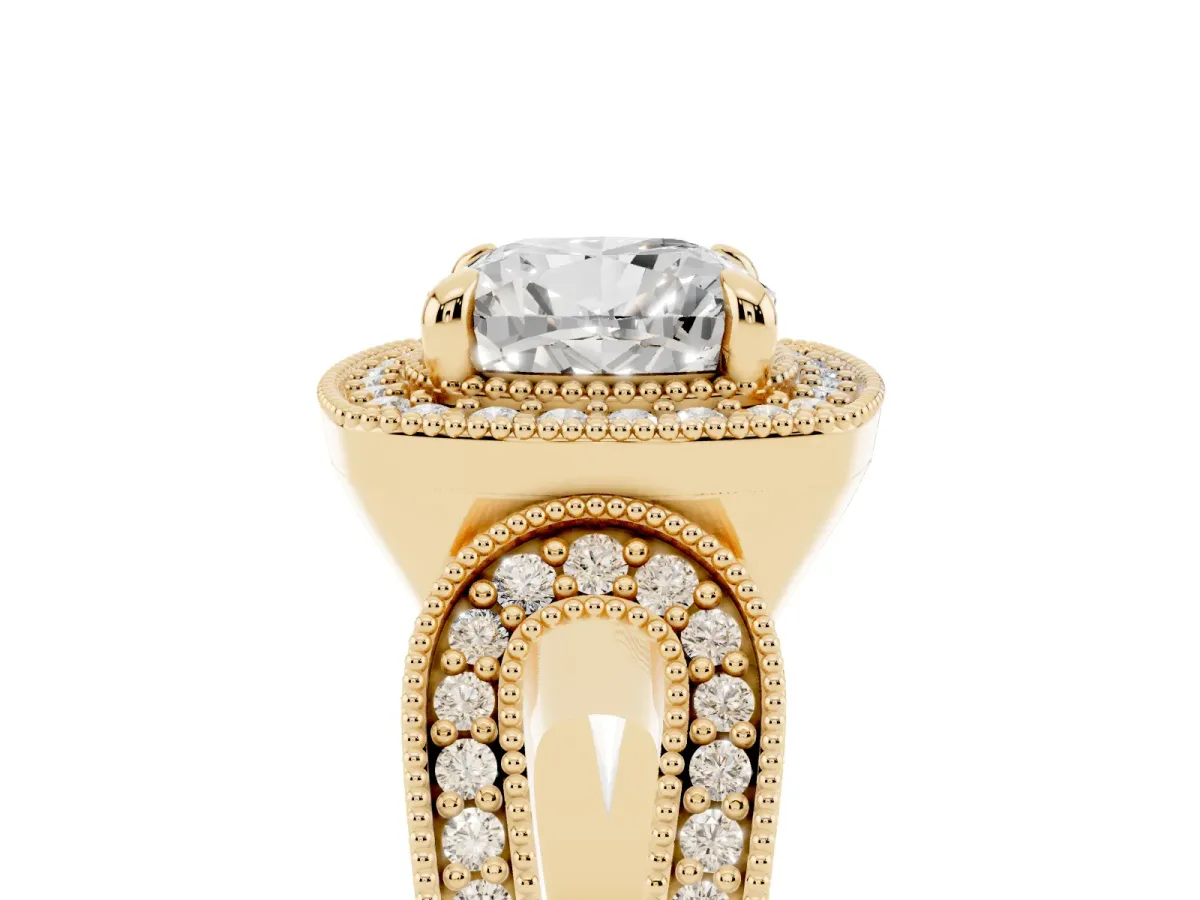 Cushion Cut Halo Split Shank Milgrain Diamond Ring Yellow gold