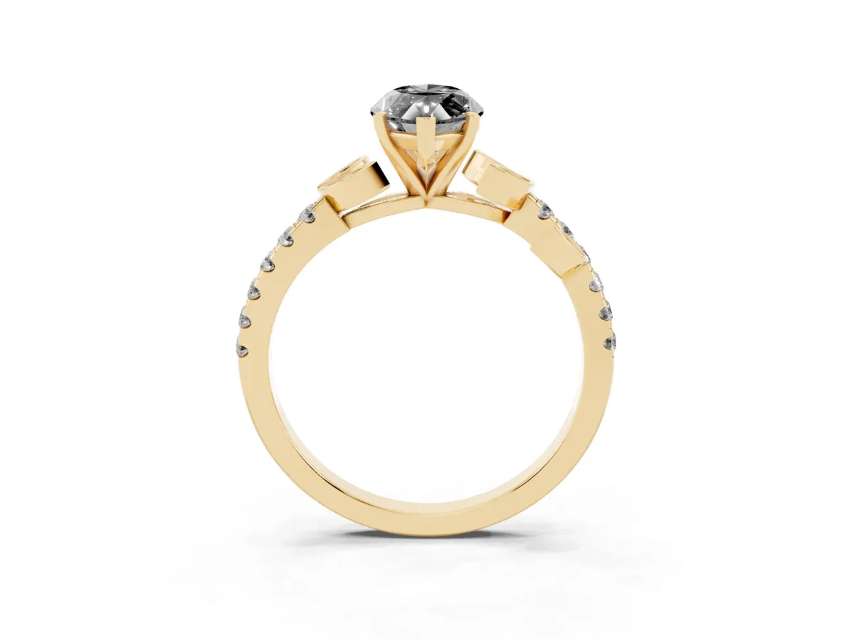Fancy Black Marquise Cut Solitaire Leaf-Inspired Diamond Ring with Pavé Band and Four-Prong Setting Yellow gold