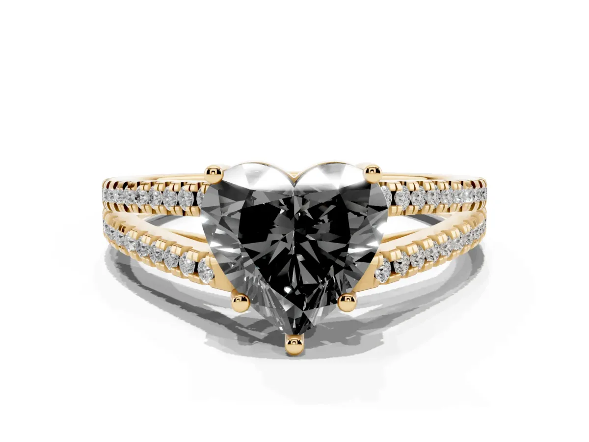 Fancy Black Heart Cut Diamond Solitaire Engagement Ring with Split Shank Pavé Band Yellow gold
