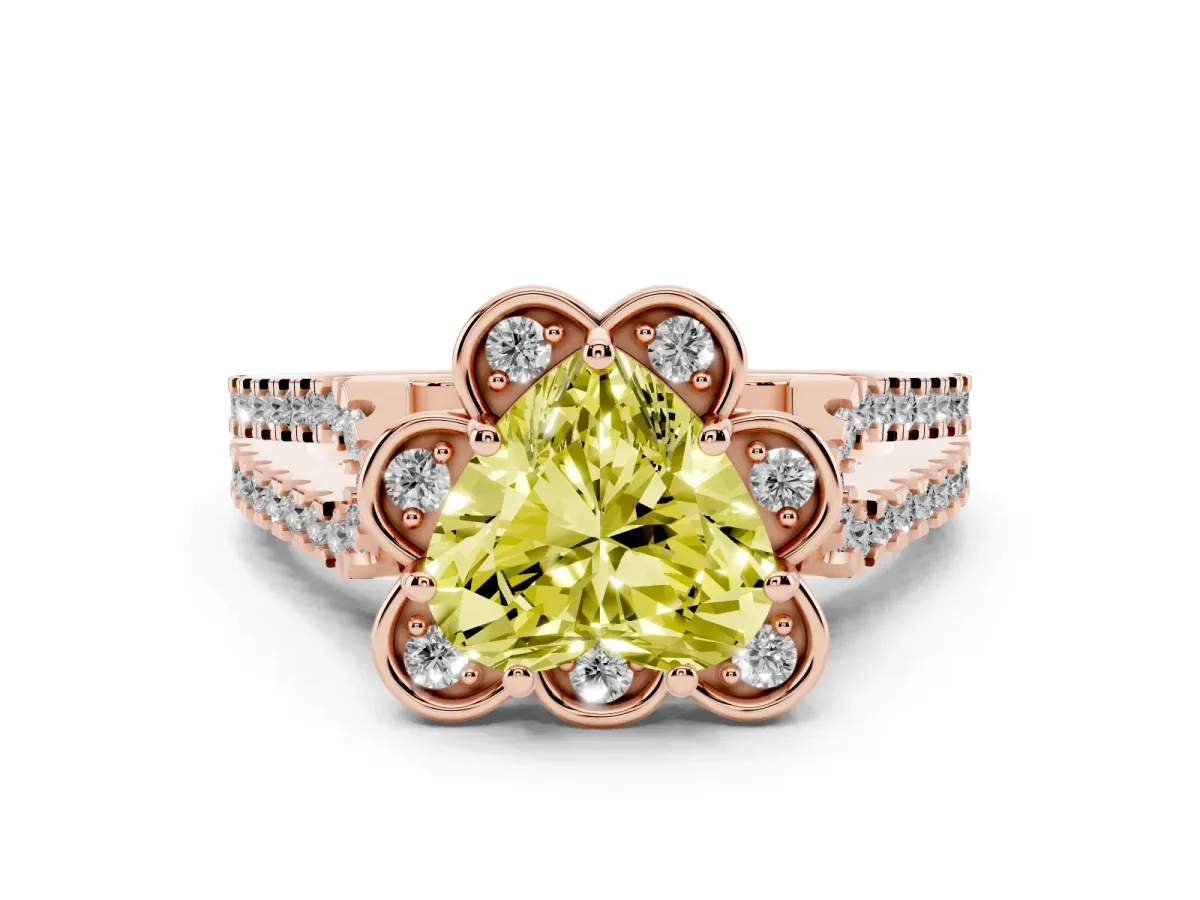 Fancy Yellow Heart Cut Halo Diamond Floral Split Shank Engagement Ring Rose gold