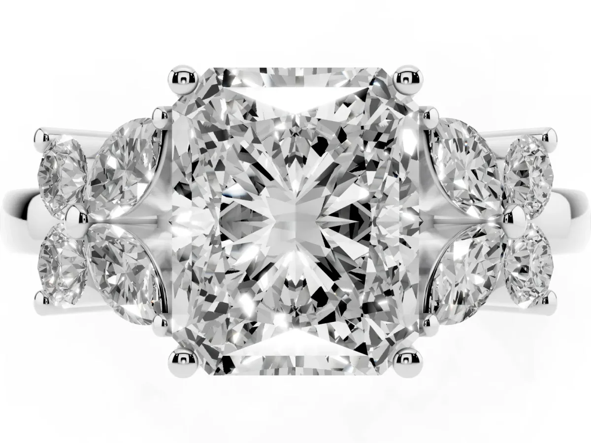 Radiant Cut Diamond Floral Cluster Ring with Solitaire Band and Prong Setting Silver