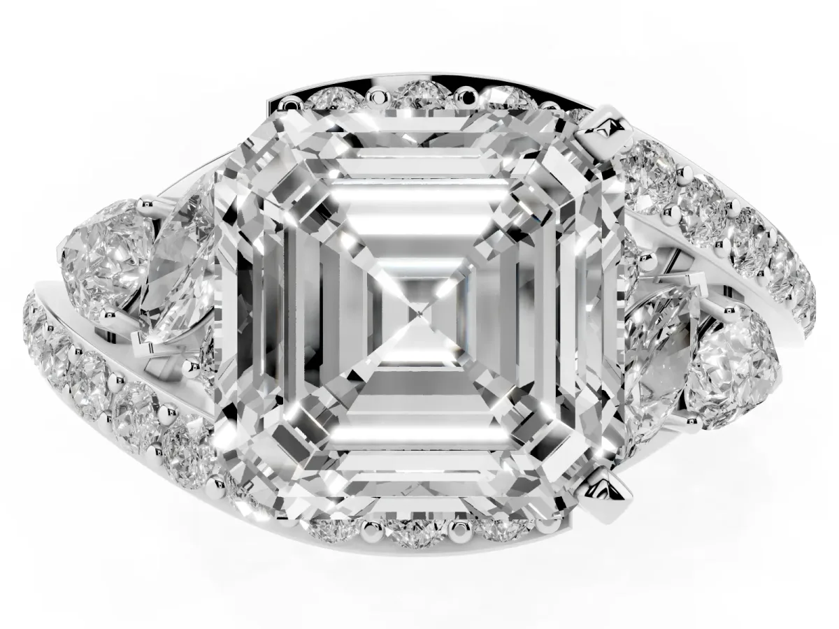 Asscher Cut Diamond Halo Ring with Marquise and Pavé Band in Prong Setting Platinum