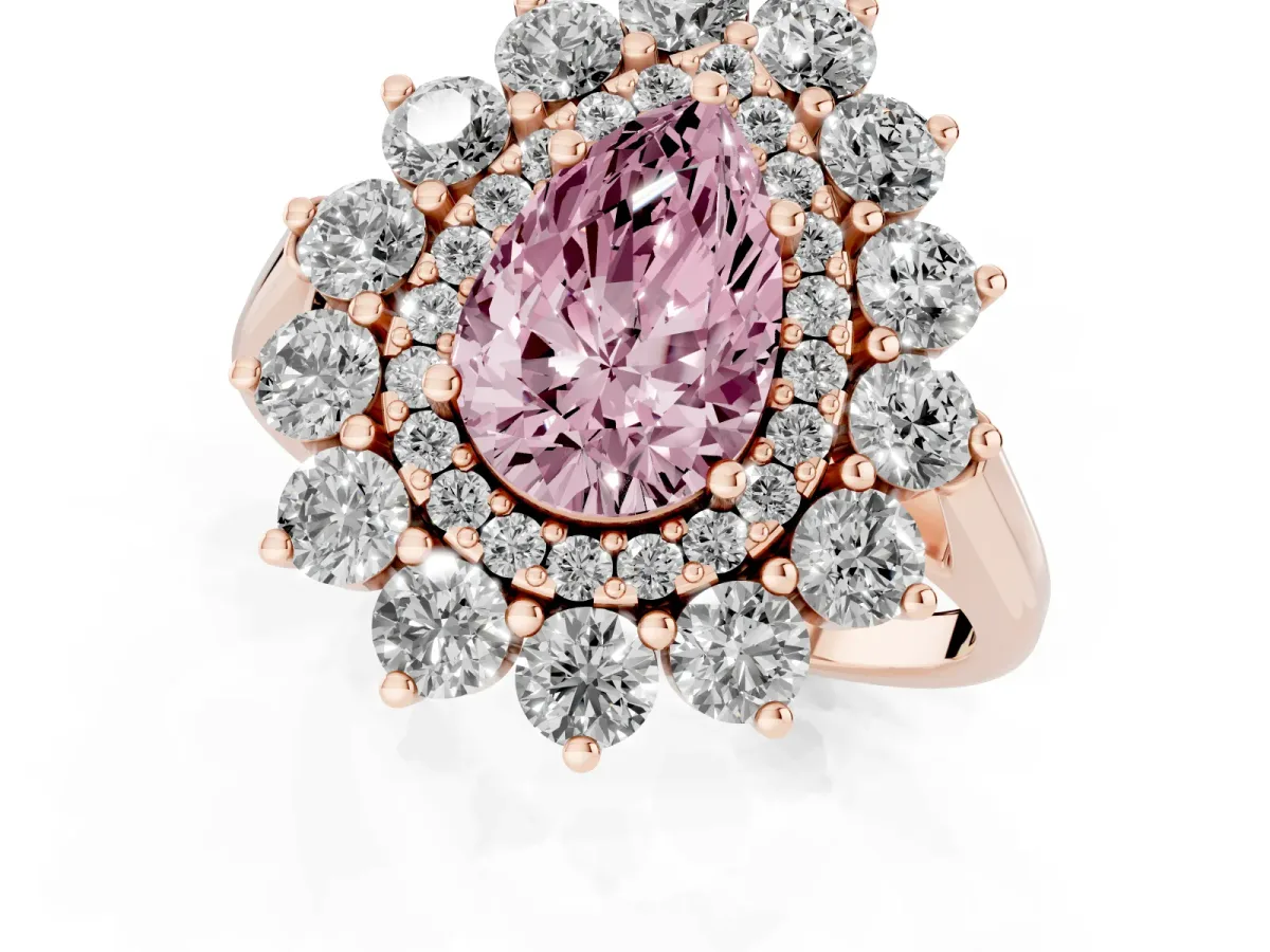 Fancy Pink Pear Cut Diamond Floral Double Halo Engagement Ring with Prong Setting Rose gold