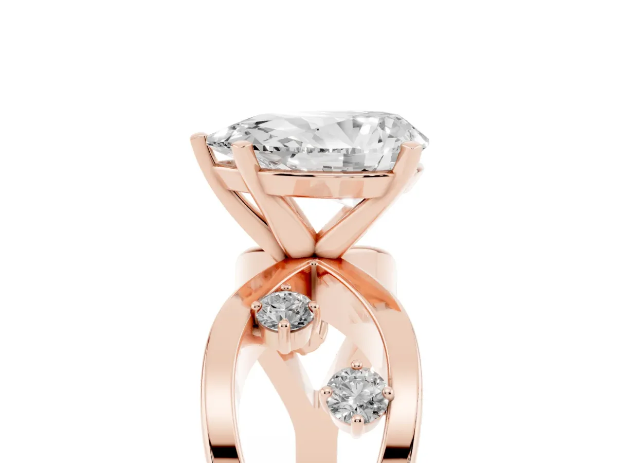 Pear Cut Cut Solitaire Diamond with Side Stones on Criss-Cross Band and Four-Prong Setting Rose gold