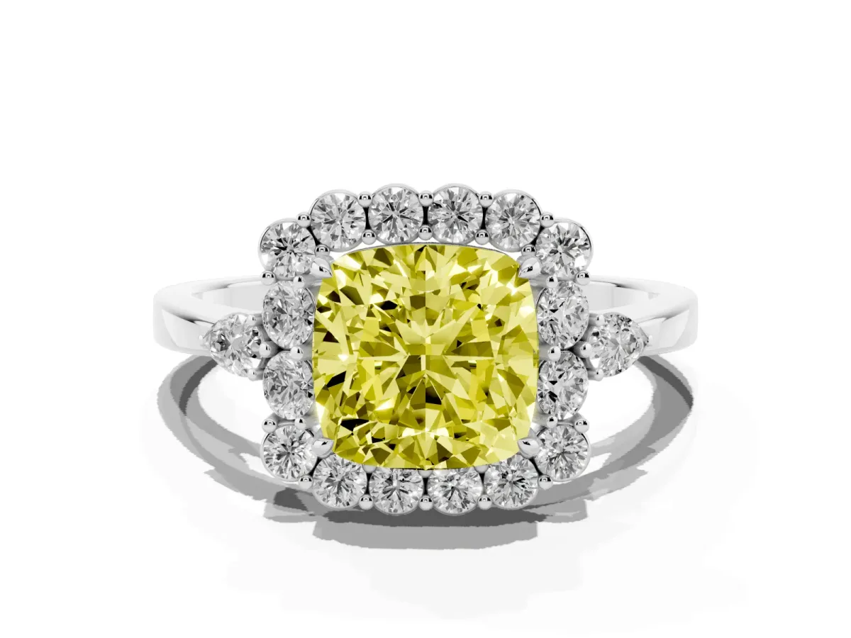 Fancy Yellow Cushion Cut Diamond Halo Ring with Pear Side Stones and Prong Setting Silver