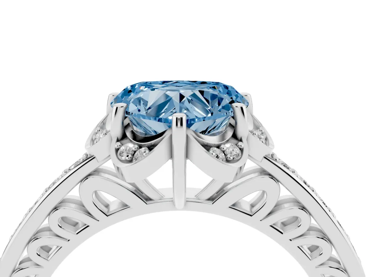 Fancy Blue Heart Cut Cut Halo Diamond Ring with Channel Set Band and Four-Prong Setting Platinum