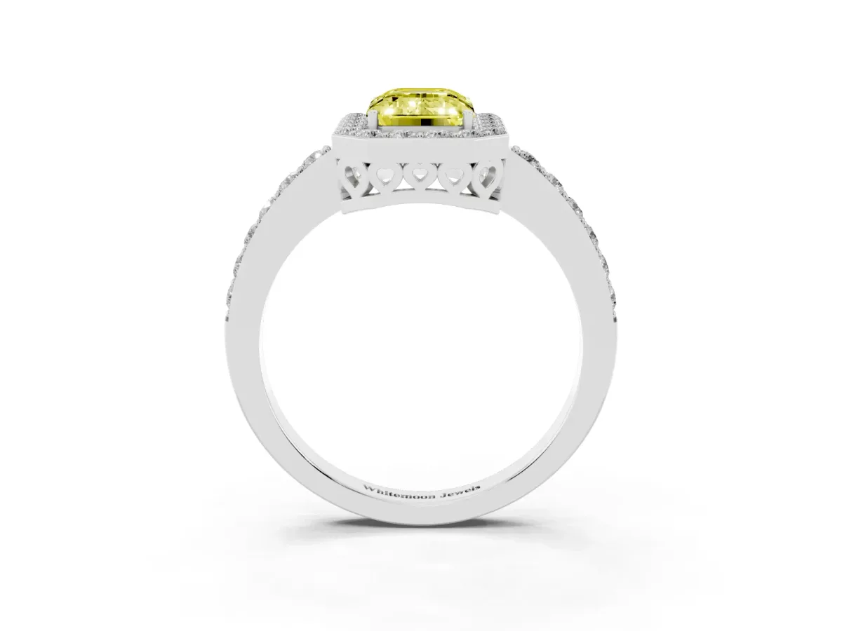 Fancy Yellow Emerald Cut Halo Diamond Pavé Band Ring with Prong Setting Silver