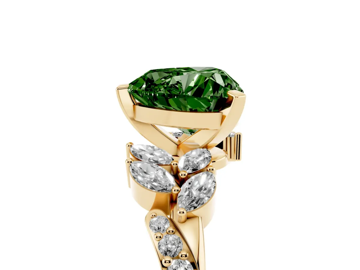 Fancy Green Heart Cut Solitaire Marquise Twist Band with Six-Prong Setting Yellow gold