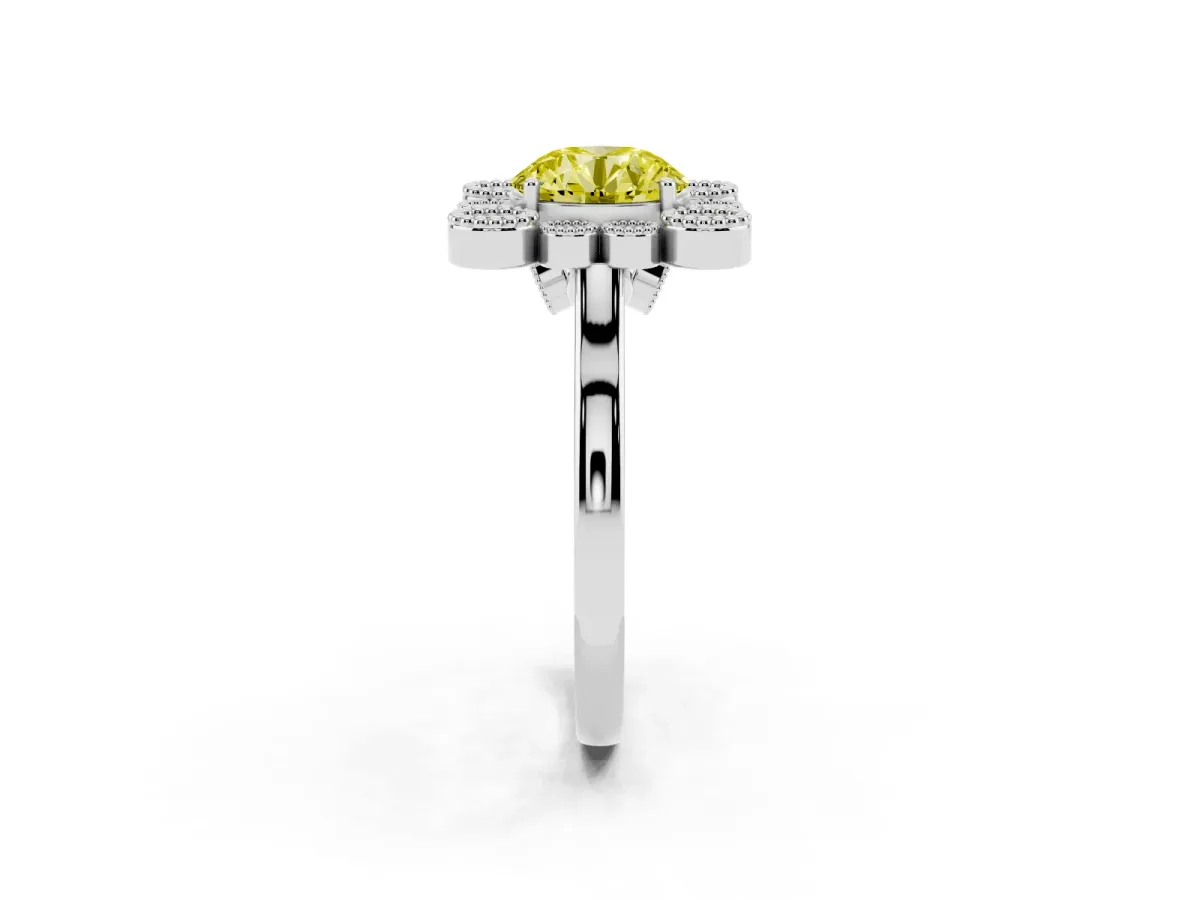 Fancy Yellow Round Cut Halo Diamond Cluster Engagement Ring with Milgrain Bezel Setting and Solitaire Band Silver