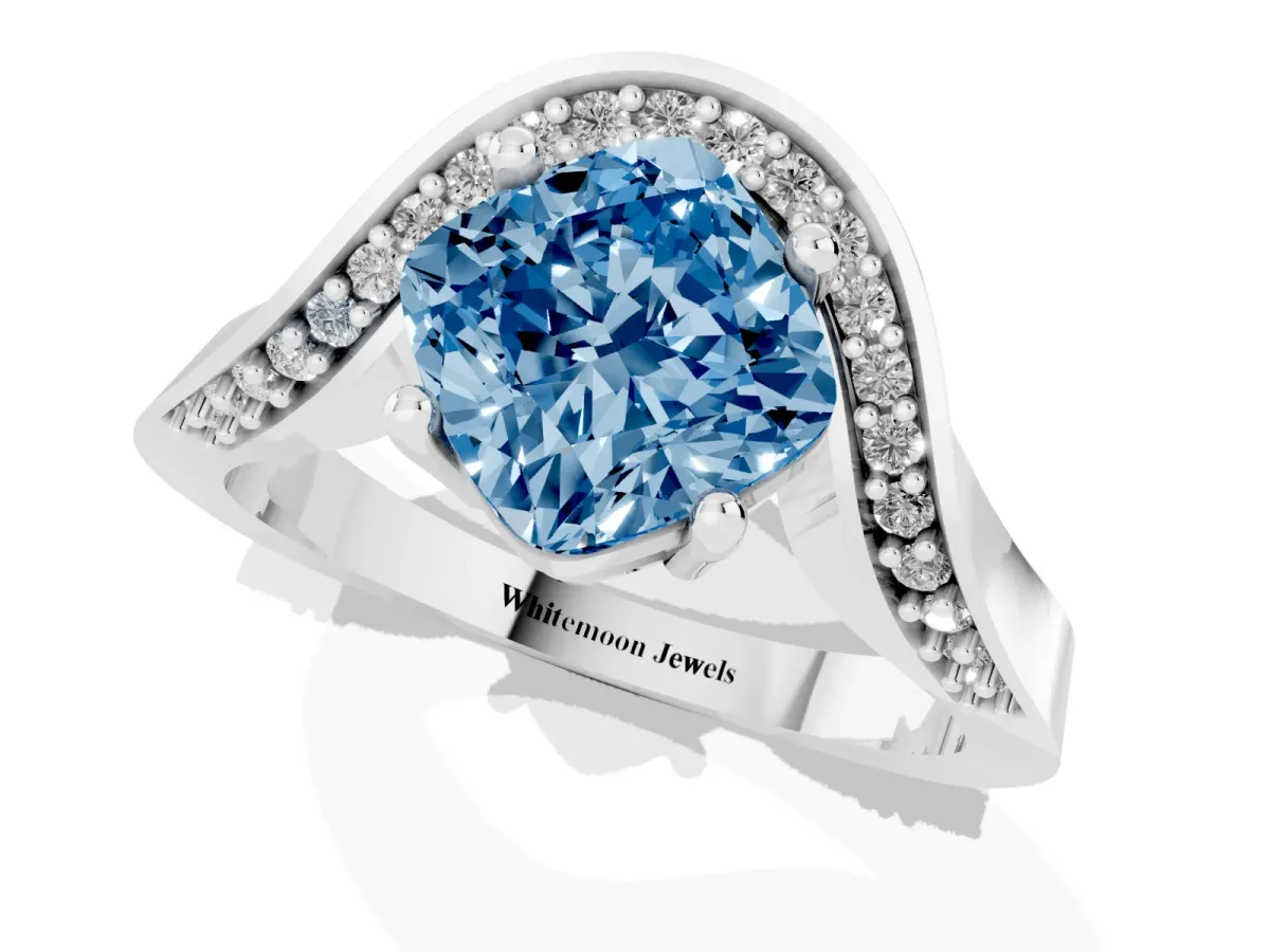 Fancy Blue Cushion Cut Solitaire Diamond Engagement Ring with Pave Band and Four-Prong Setting Platinum