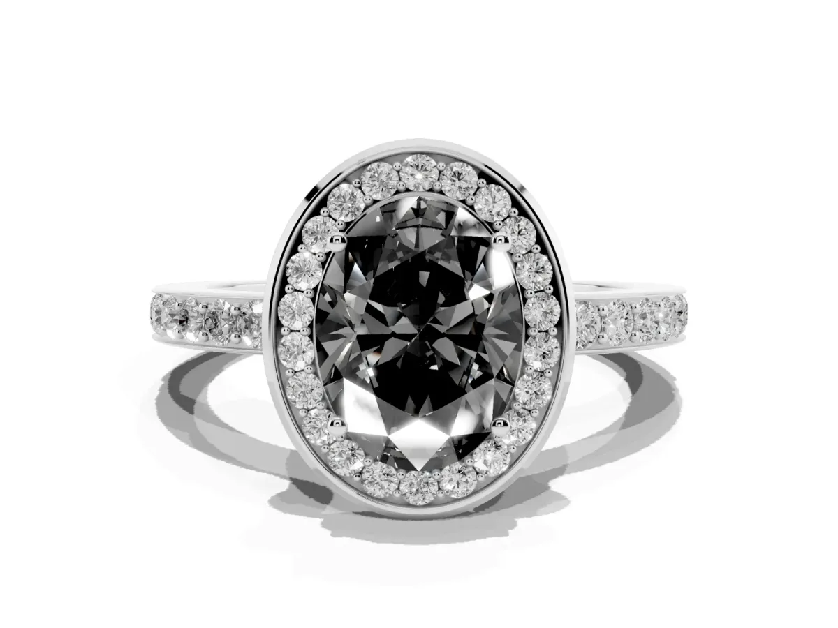 Fancy Black Oval Cut Diamond Halo Ring with Bezel Frame and Pavé Band Silver