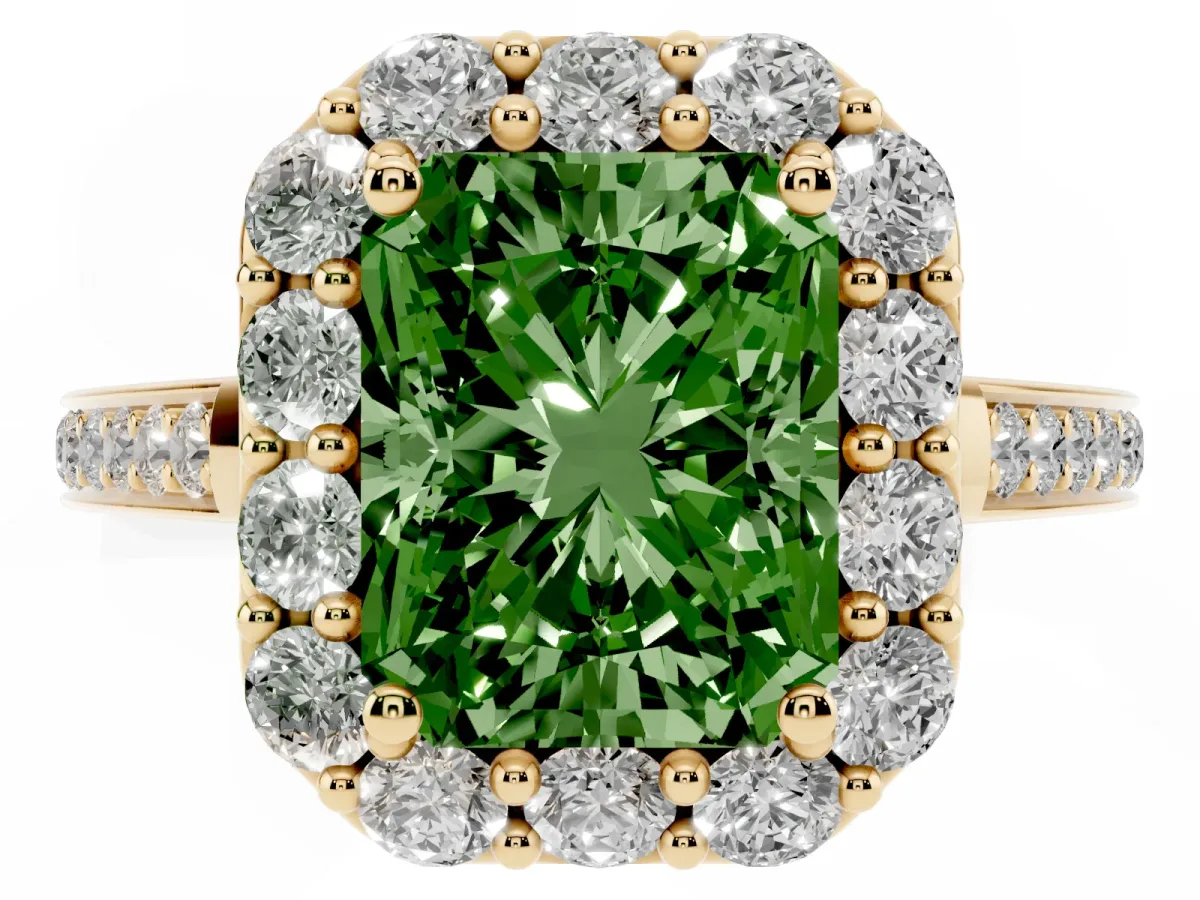 Fancy Green Radiant Cut Diamond Floral Halo Ring with Pavé Band and Prong Setting Yellow gold