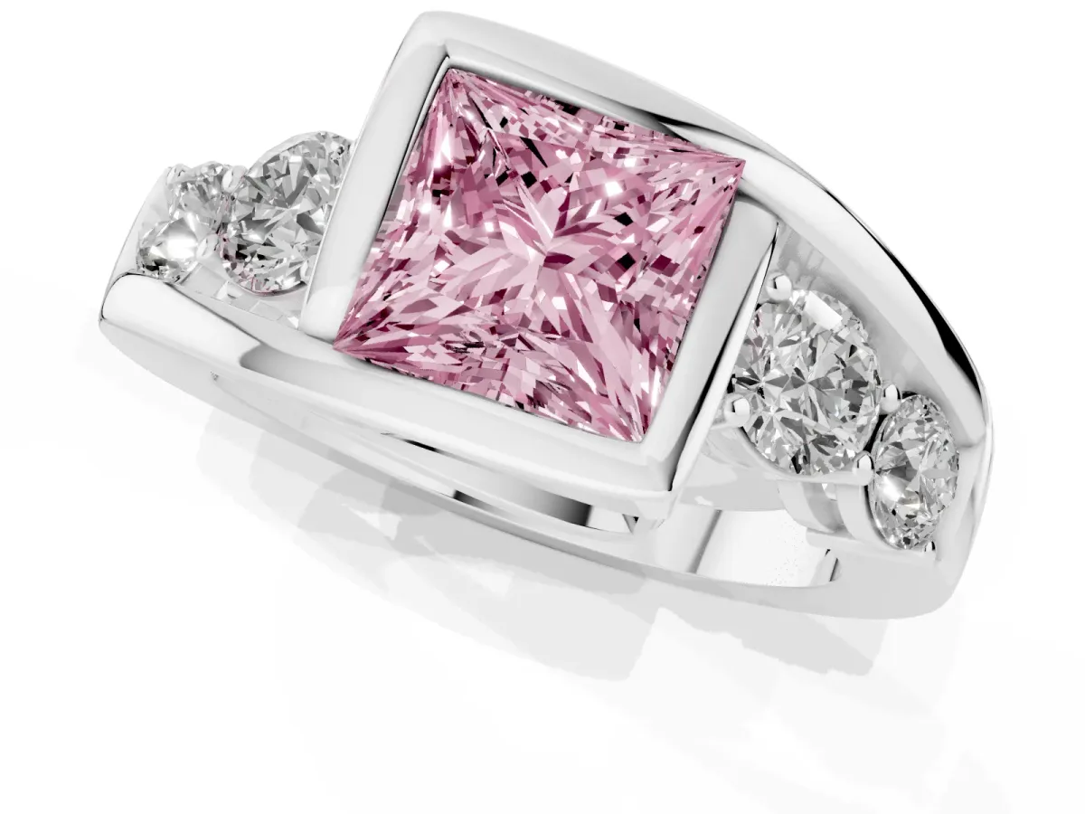 Fancy Pink Bezel Set Princess Cut Diamond Bypass Ring with Round Accents Silver