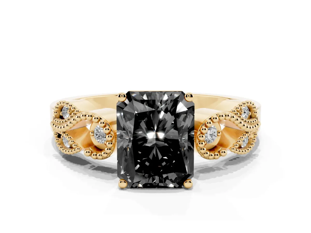 Fancy Black Radiant Cut Solitaire Milgrain Leaf Band with Prong Setting Yellow gold
