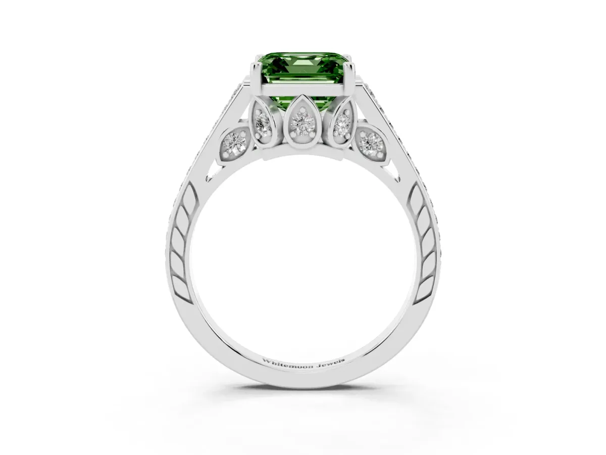 Fancy Green Asscher Cut Cut Cathedral Pave Diamond Engagement Ring with Six-Prong Setting Silver