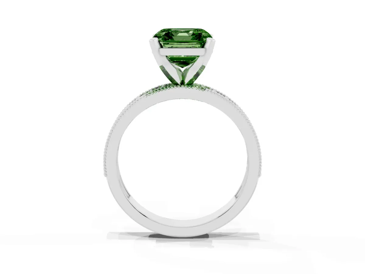 Fancy Green Asscher Cut Diamond Milgrain Pavé Engagement Ring with Four-Prong Setting Silver