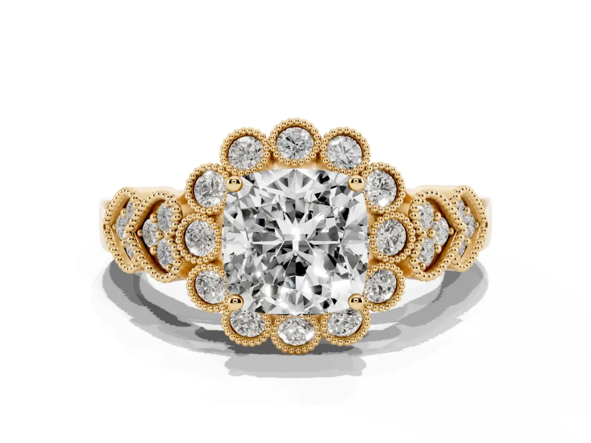 Cushion Cut Brilliant Milgrain Pave Heart Band Solitaire Ring Yellow gold