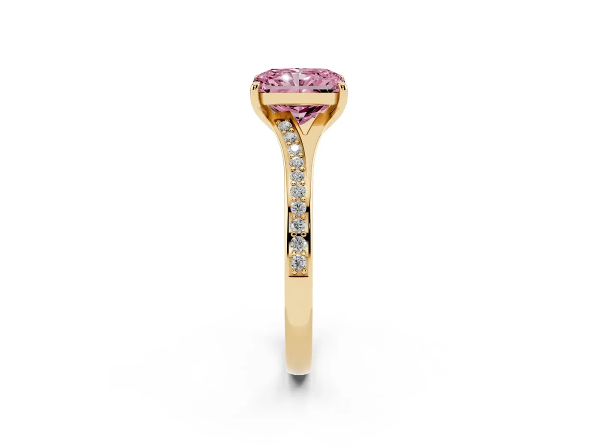 Fancy Pink Radiant Cut Diamond Solitaire Ring with Pavé Band and Prong Setting Yellow gold